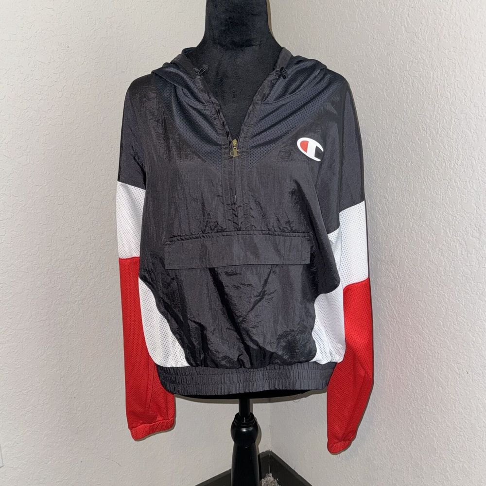 Champion Windbreaker Track Jacket Women's Large Red Black Kangaroo Pocket Hooded